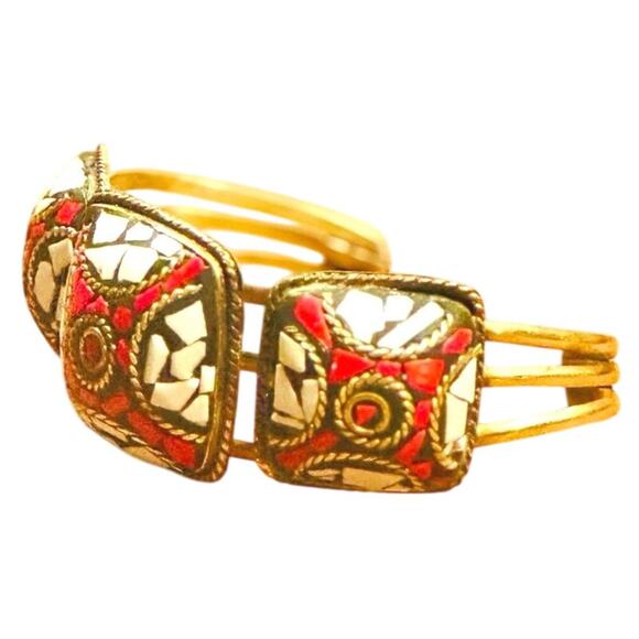 Boho Mosaic Inlay Cuff Bracelet, Red Black White Pattern, Artisan Tribal Bangle - Picture 3 of 4